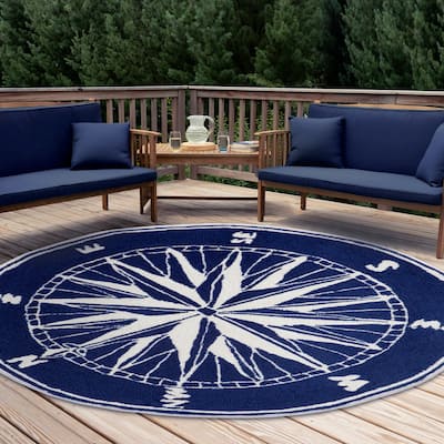 Liora Manne Frontporch Compass Indoor/Outdoor Rug Navy 5' RD - 5' RD