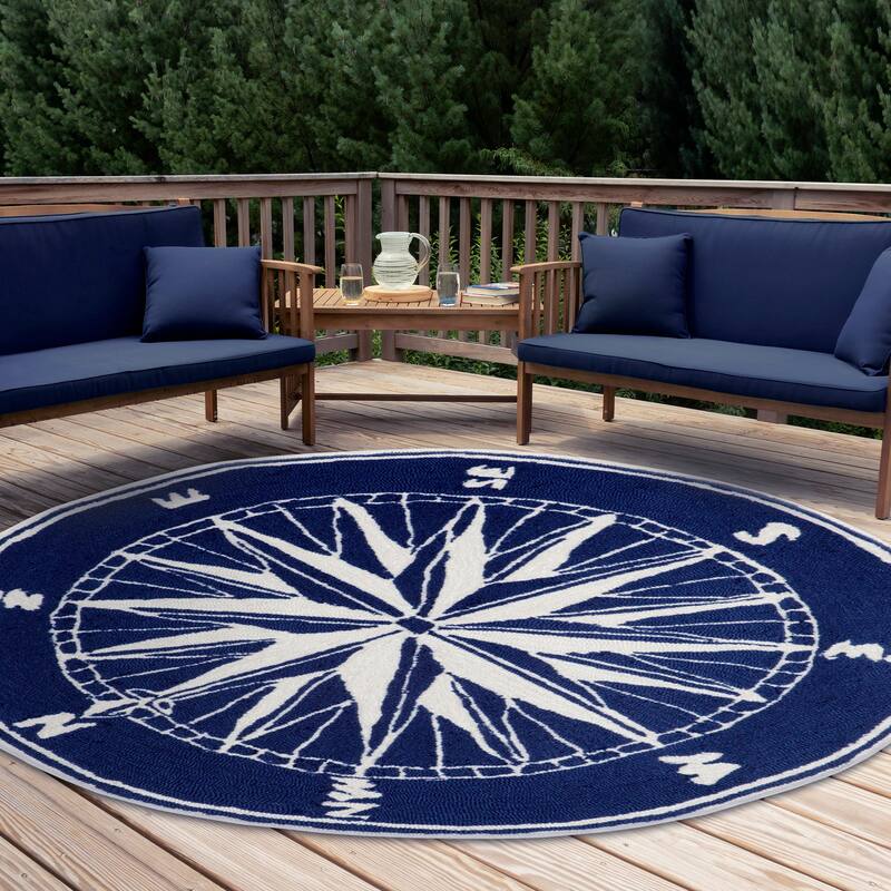 Liora Manne Frontporch Compass Indoor/Outdoor Rug Navy 5' RD - 5' RD ...