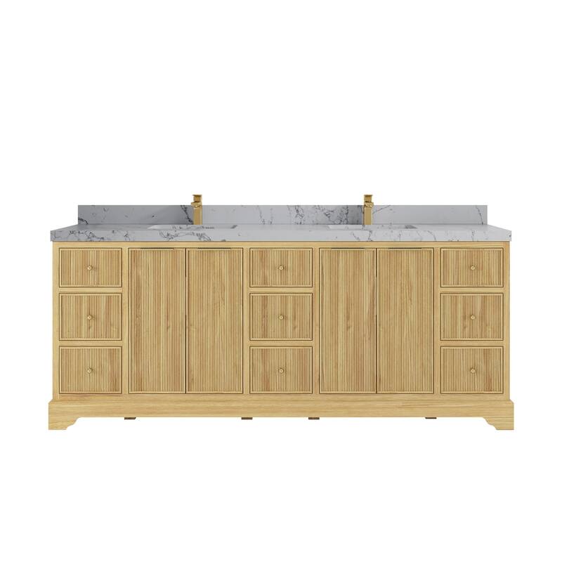 Willow Collections 84 in. W x 22 in. D Austin Solid Teak Wood Double Sink Bathroom Vanity with Countertop - 2"Venatino Quartz - Light Natural