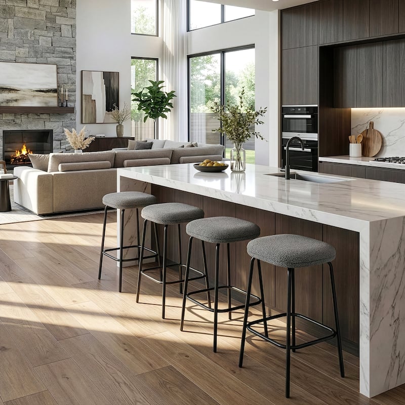 Set of 2 Ayana Gray Boucle Backless Counter Stool with Black Iron Legs