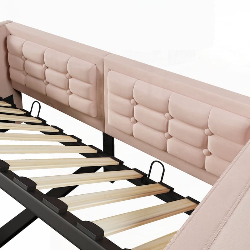 Hydraulic Storage Twin Bed Frame with Wooden Slats and Tufted Sofa Back