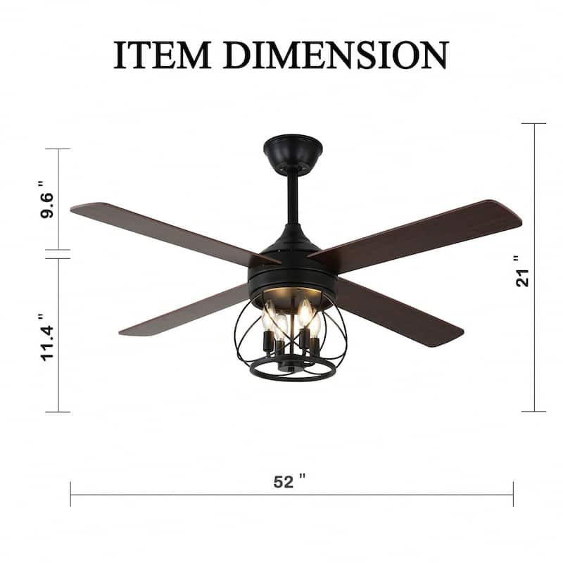 Cusp Barn 52" Modern Ceiling Fan with Light and Remote,Black 4-Light 6 Speeds Quiet Operation Reversible Caged Ceiling Fan