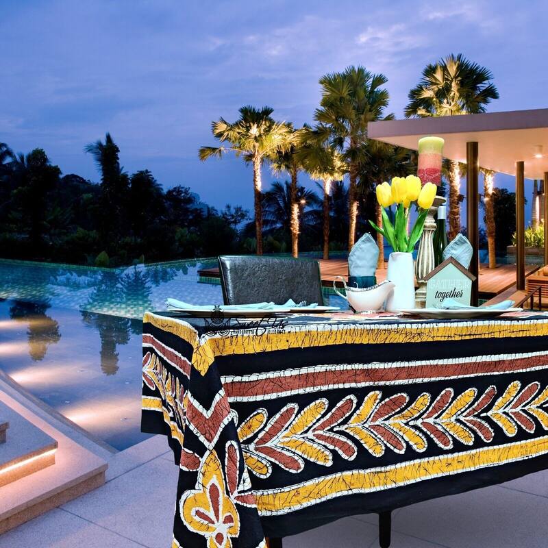 Cotton Lucky Elephant Batik Print Tablecloth Rectangle - 70 x 106 inches - Black Gold