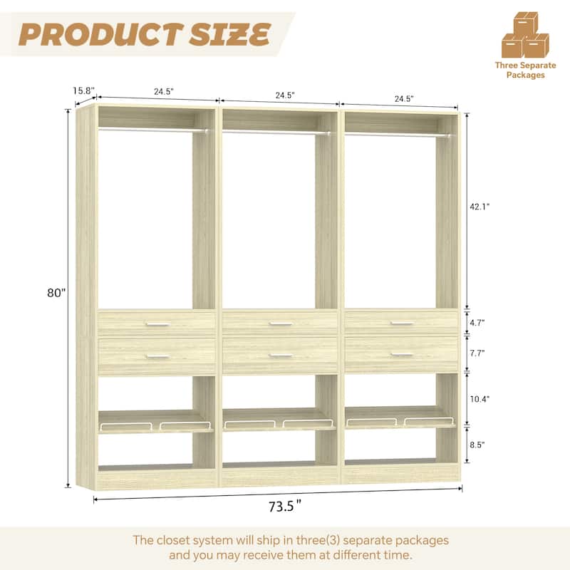 25'' W Freestanding Closet System with 2 Wooden Drawers and Adjustable Shoes Rack and Hanging Rod,Walk-in Closet Organizer
