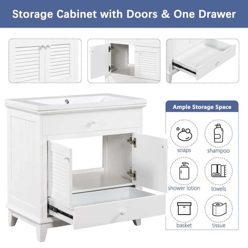 30" Bathroom Vanity with Sink, Bathroom Cabinet with Two Doors and One Drawer, White