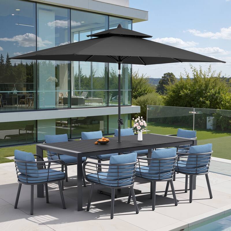 9/11-Piece Outdoor Dining Set w/10 ft Umbrella and Base Aluminum Dining Table and Chairs with Sunbrella Cushions