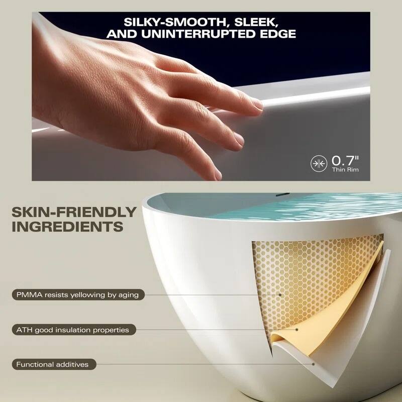 ABRUZZO Glossy White Freestanding Solid Surface Bathtub with Overflow and Pop-up Drain