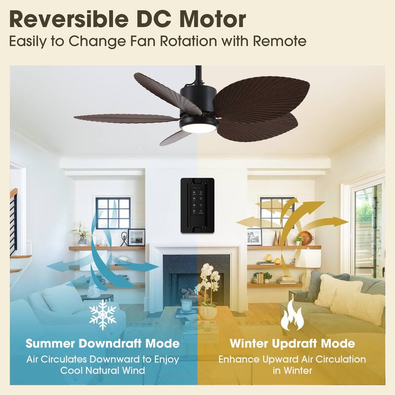 42" Farmhouse Black Waterproof Outdoor Gazebo LED Ceiling Fan with Light, Hook Downrod and Tropical Palm Leaf - 42"Wx13.7"H