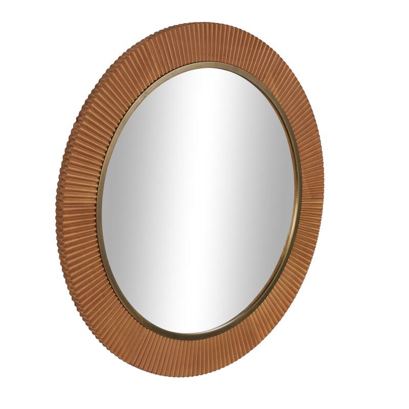 Brown Wood Fluted Room Wall Mirror with Scalloped Edge