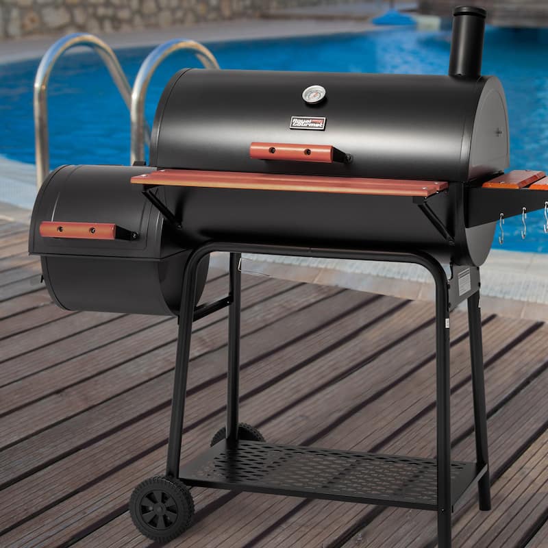 Royal Gourmet CC1830W Charcoal Grill with Offset Smoker,Wood-Painted Side Table and Front Table,Black