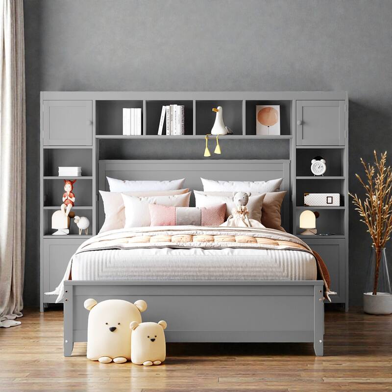 Full Size Wooden Platform Bed with Storage Drawers, All-in-One Cabinet and Shelf Headboard - Grey - Full