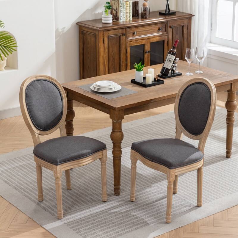 French Style Solid Wood Frame Antique Painting Linen Fabric Back Dining Chair - Dark Gray Fabric
