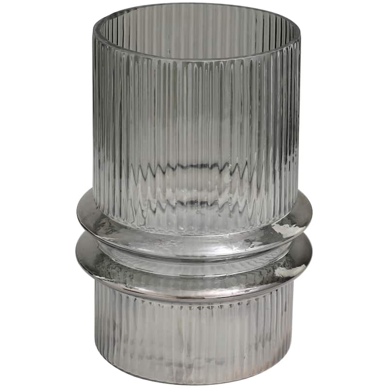 Glass Wide Ribbed Candle Holder with Fluted Center - Gray - Roche River Decor - 9"W x 9"L x 12"H