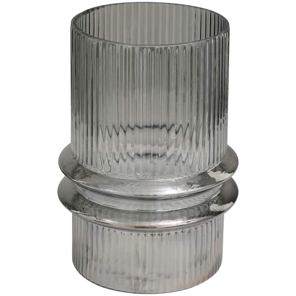 Glass Wide Ribbed Candle Holder with Fluted Center - Gray - Roche River Decor - 9"W x 9"L x 12"H