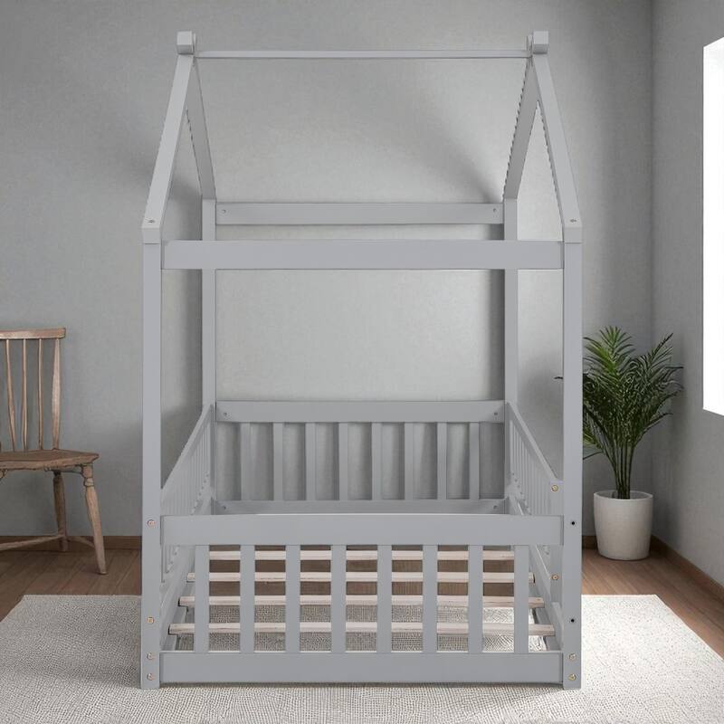 Twin/Full Size Wooden House Bed Frame with Fence and Roof, Playhouse Style for Kids and Teens