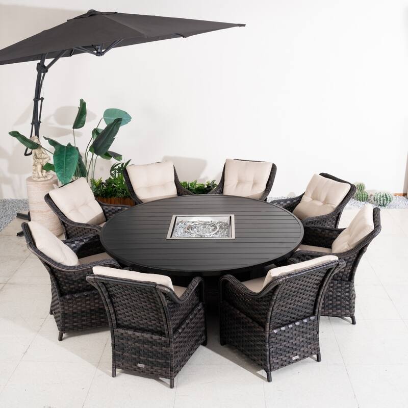 Modern 9-piece Aluminum Round Fire Pit Table Set with 8 Chairs for Patio