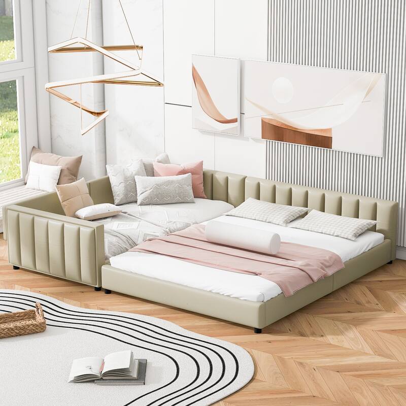 Queen & Twin XL Upholstered Platform Bed, PU Leather, Beige, Mother & Child Design - Beige