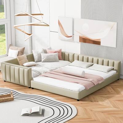Roomfitters Queen and Twin XL Upholstered Platform Bed Set, PU Leather, Modern L-Shaped Design