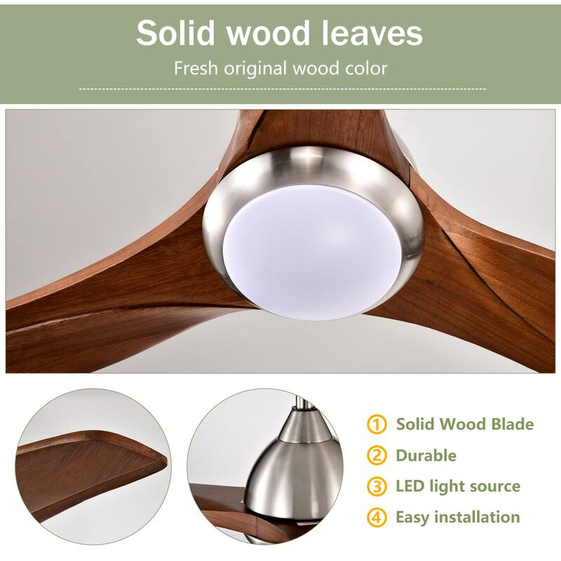 52 Inch Ceiling Fan with Light and Remote, Indoor/Outdoor Wood Ceiling Fan with 3 Blades, Noiseless Reversible DC Motor