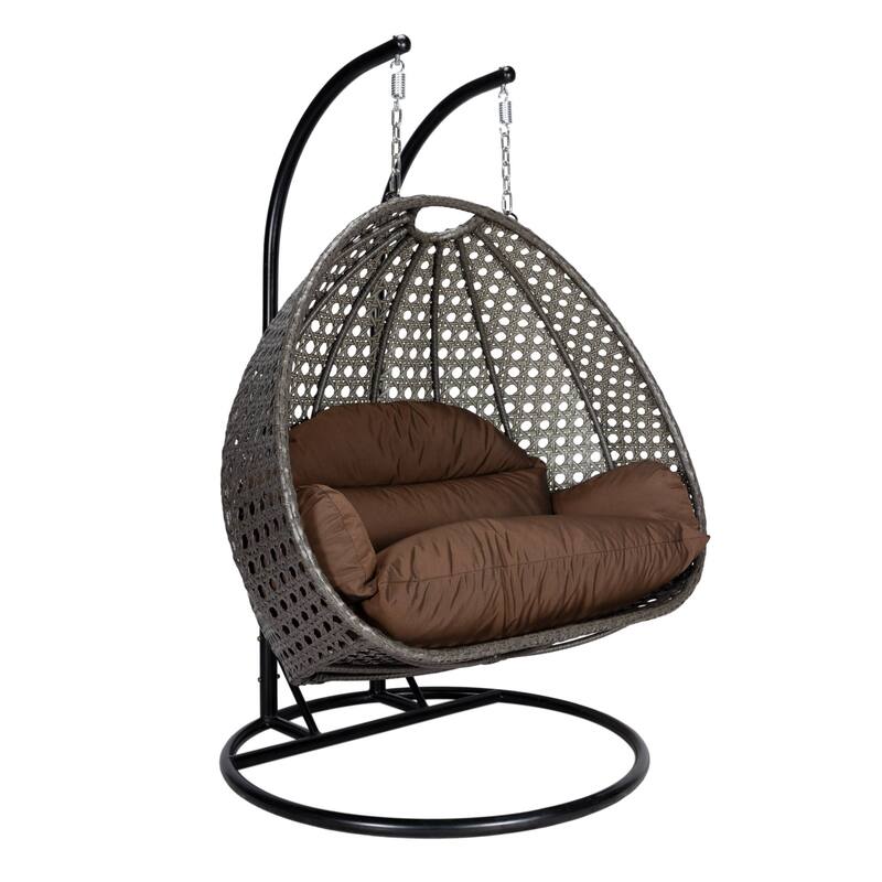 LeisureMod 2-Person Hanging Egg Swing Chair with Metal Stand - Handcrafted Charcoal Wicker, Patio Hammock Lounger with Cushions