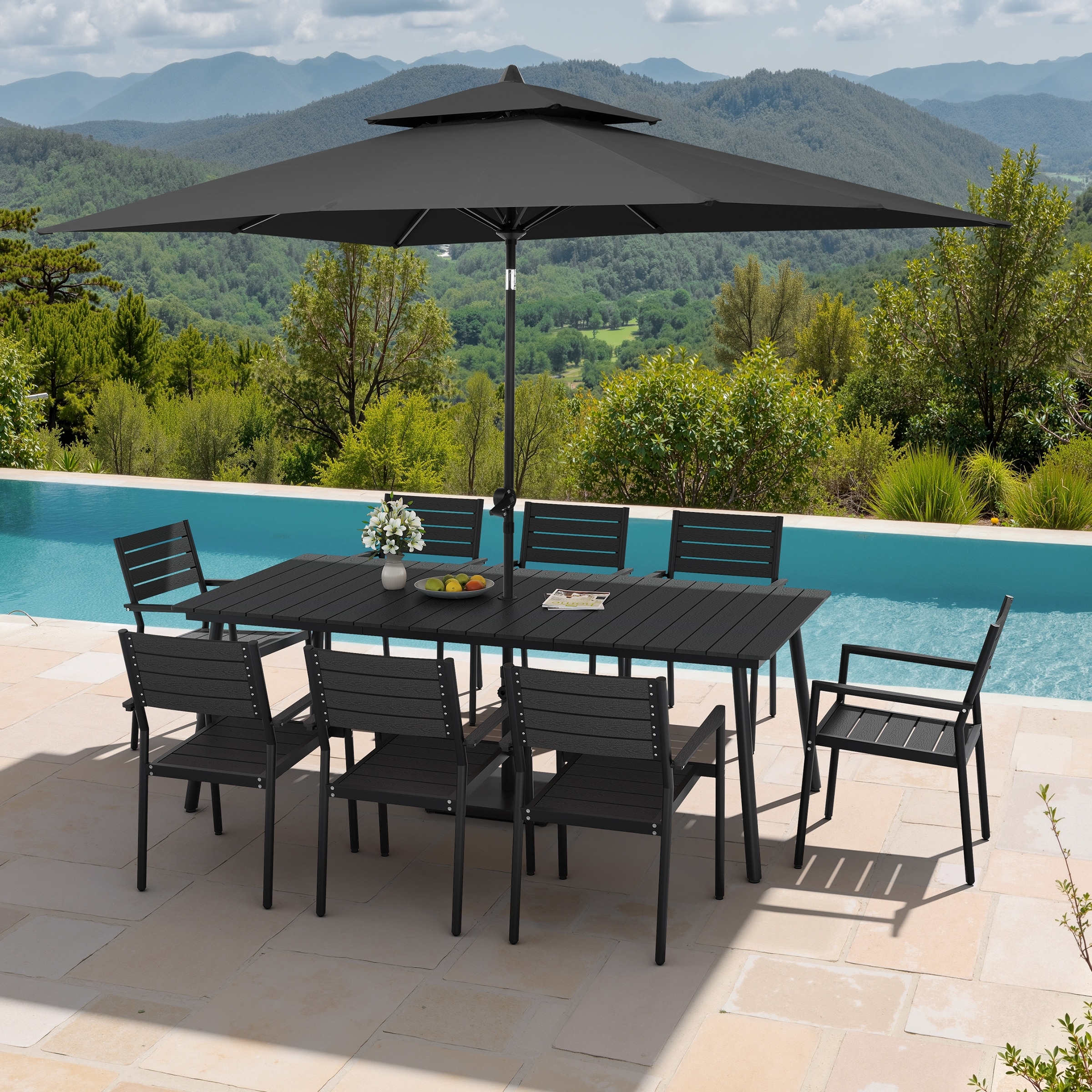 11PC Outdoor Patio Dining Set Aluminum Table with Stackable Armchairs w/ Market Umbrella Set