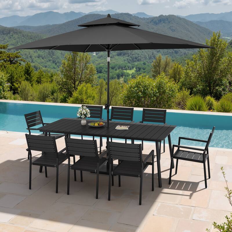 11PC Outdoor Patio Dining Set Aluminum Table with Stackable Armchairs w/ Market Umbrella Set - BlackTable&BlackChairs&BlackUmbrella