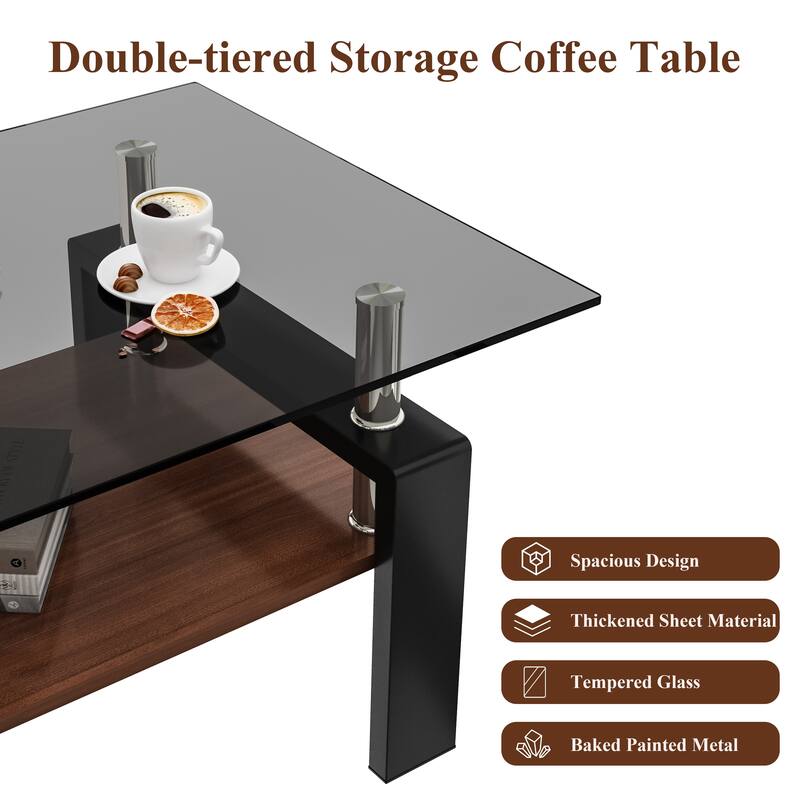 Rectangle Coffee Table, Tempered Glass Tabletop with MDF Layer, Modern Table for Living Room, Gray Glass