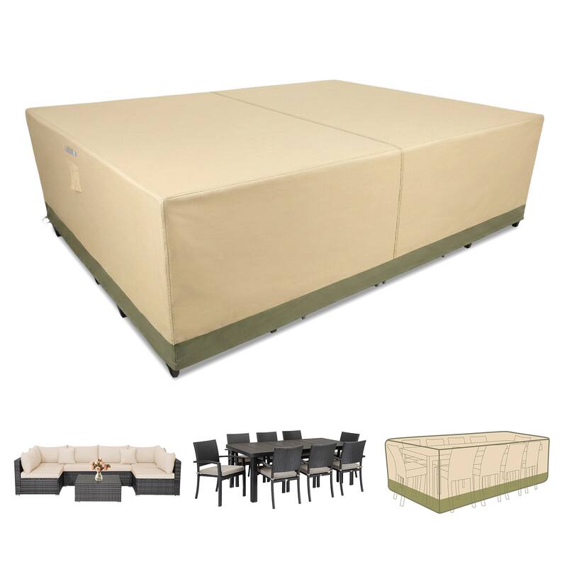 Aoodor Heavy Duty Outdoor Rectangular Furniture Set Cover - 112"W x 84"D x 32"H - Beige/Green