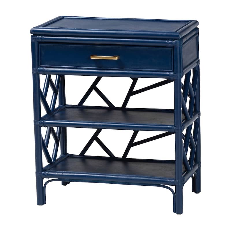 Daina Natural Rattan Nightstand with Drawer and Open Shelves- Coastal Bedside Table with Geometric Design - Blue
