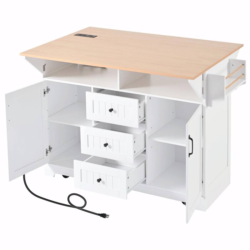 55.7" Kitchen Island with Drop Leaves, Rolling Cart with Power Outlet, Spice Rack, and 3 Drawers