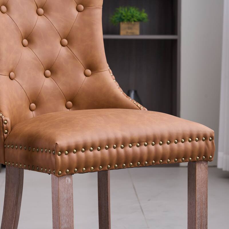 Faux Leather Dining Chairs with Nailhead Trim and Button Tufted Back (Set of 2).