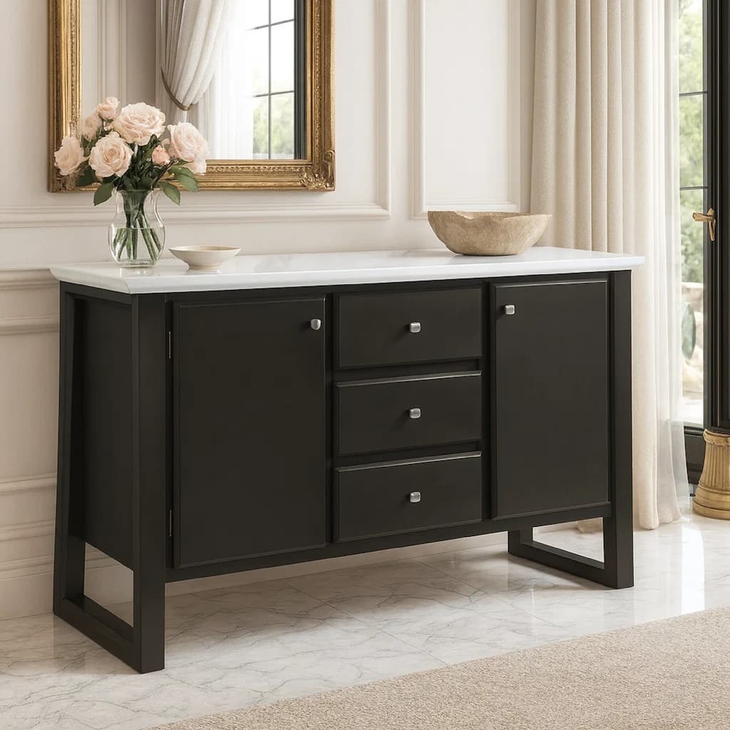 54 Inch Solid Wood Sideboard Cabinet Console, 3 Drawers, Faux Marble, Grey