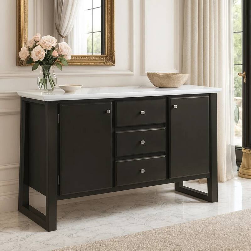 54 Inch Solid Wood Sideboard Cabinet Console, 3 Drawers, Faux Marble, Grey