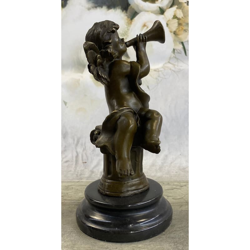 Cherub Boy Playing Trumpet Bugle Bronze Statue Sculpture Figure Moreau 8 Inches X 5 Inches