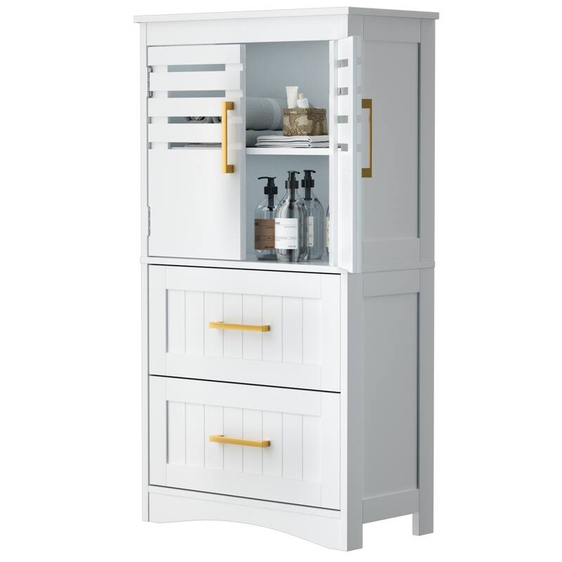 Bathroom Floor Storage Cabinet, Freestanding Bathroom Cabinet with 2 Drawers 2 Doors, Storage Cabinet with Gold handle