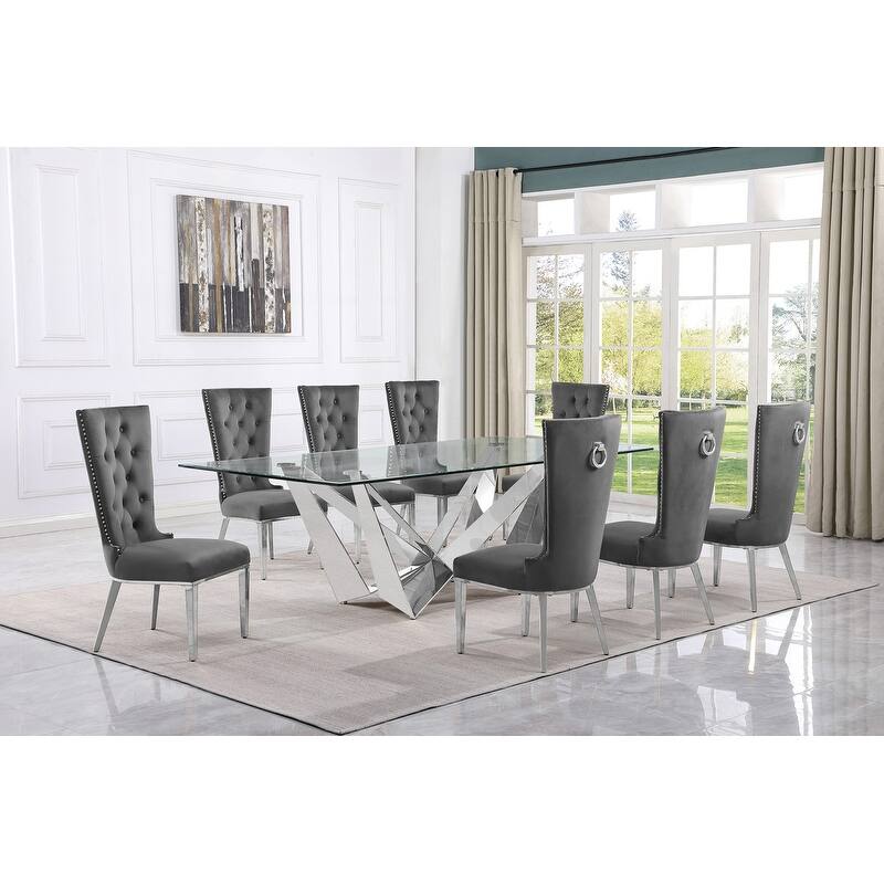 Best Quality Furniture D402/3-SC330-7 Dining Set with 94" 15mm Glass with Bevel - 9-Piece - Dark Grey / Silver