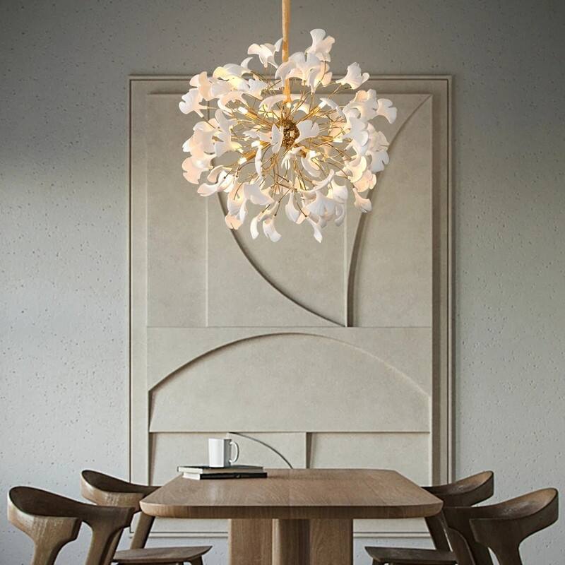KAYLA Sputnik Chandelier - 23.6" Modern Gold Tree Branch Chandelier with Ceramic Ginkgo Leaves