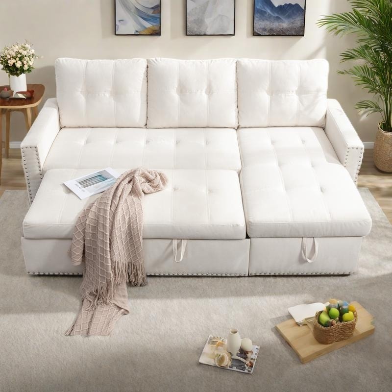 77" Velvet Reversible Sleeper Sofa with Storage Chaise and Pull-Out Bed, 2-Seater