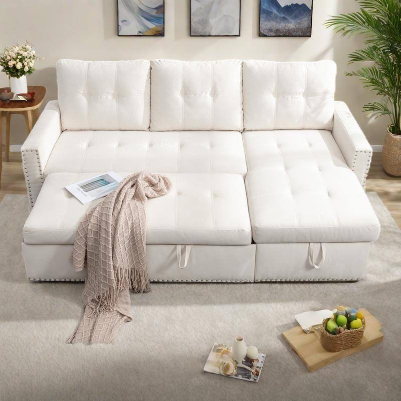 77" Velvet Reversible Sleeper Sofa with Storage Chaise and Pull-Out Bed, 2-Seater - Beige