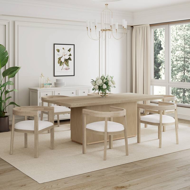 Christopher Knight Home - Thalassia Upholstered 6 Rubberwood Club Chairs and Rectangular Table Dining Set - Light Ash+Beige