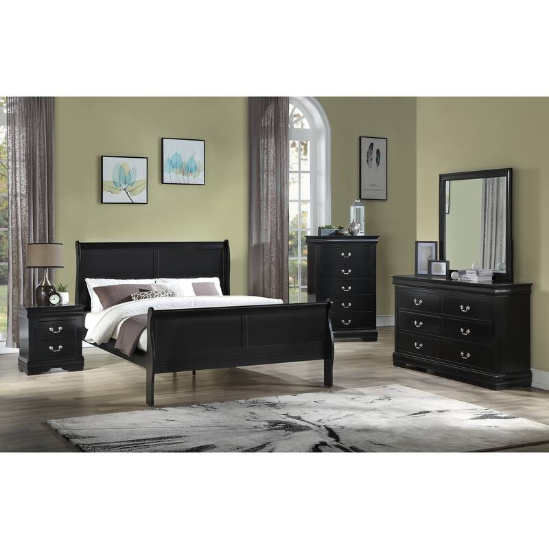 Full Size Panel Sleigh Bed in Black Finish, Solid Wood Bedroom Furniture