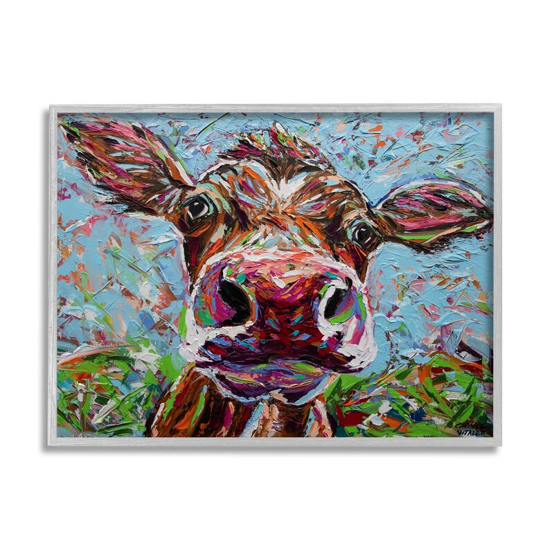 Stupell Bold Cattle Cow Kaleidoscopic Layered Farm Painting Framed Wall Art, Design by Carolee Vitaletti - Multi - 14 x 11 - Grey