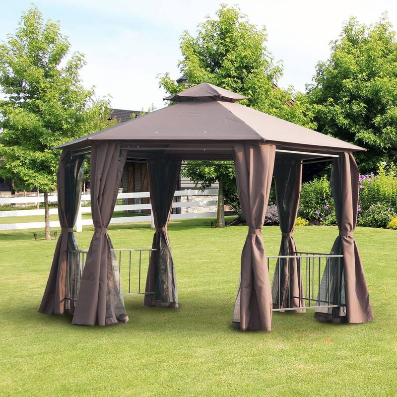 Outsunny 7' x 7' 2-Level Hexagon Outdoor Patio Gazebo Canopy Pavilion with Removable Mesh Curtains, Double Tiered Roof