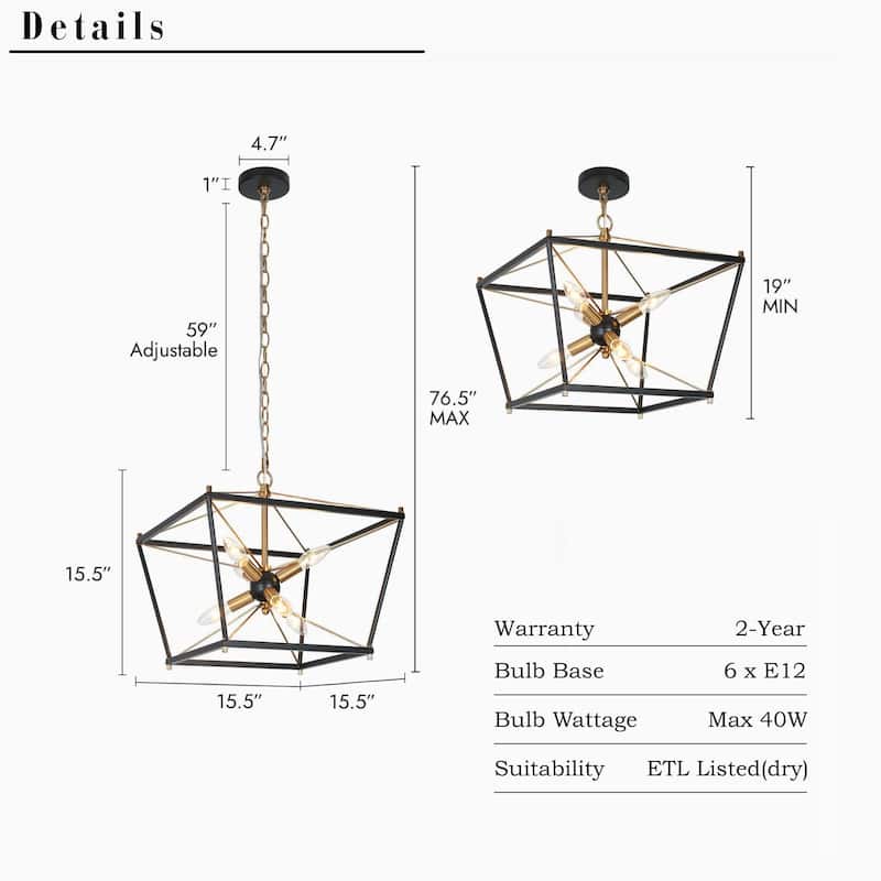 Modern Farmhouse 6-Light Black Gold Cage Chandeliers Sputnik Pendant Light for Dining Room - L15.5" x W15.5" x H15.5"