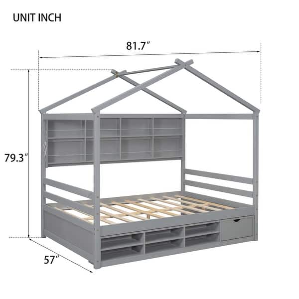 dimension image slide 1 of 3, Elegant Full House Bed Kids Bed with Roof Frame,Bedside Storage Shelves,Ladder and Guardrail