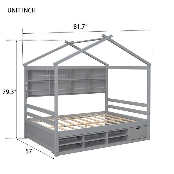 Grey Full Size House Bed with Roof Frame, Bedside-shelves, and Under Bed Storage Unit