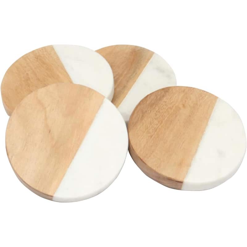 Acacia Wood Coasters with White Marble Accents 4 Pack Protect Surfaces, Attractive, Easily Wipes Clean