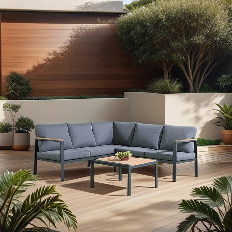 Rossio Outdoor 4 Piece Conversation Set,Aluminum Frame， Slatted Teak Wood Top