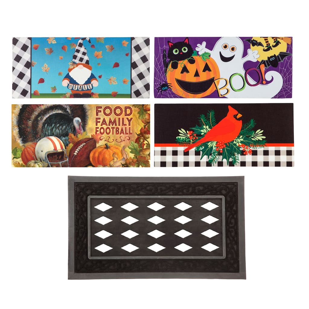 Sassafras Fall Holiday Set of 5 Door Mats with Rubber Display Frame, Collection #5 - Multi-Color