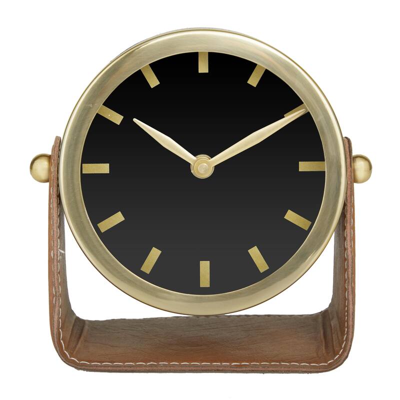Stainless Steel Metal Decorative Clock with Leather Stand - Silver or Gold - Roche River Decor - Gold - 6"W, 6"H
